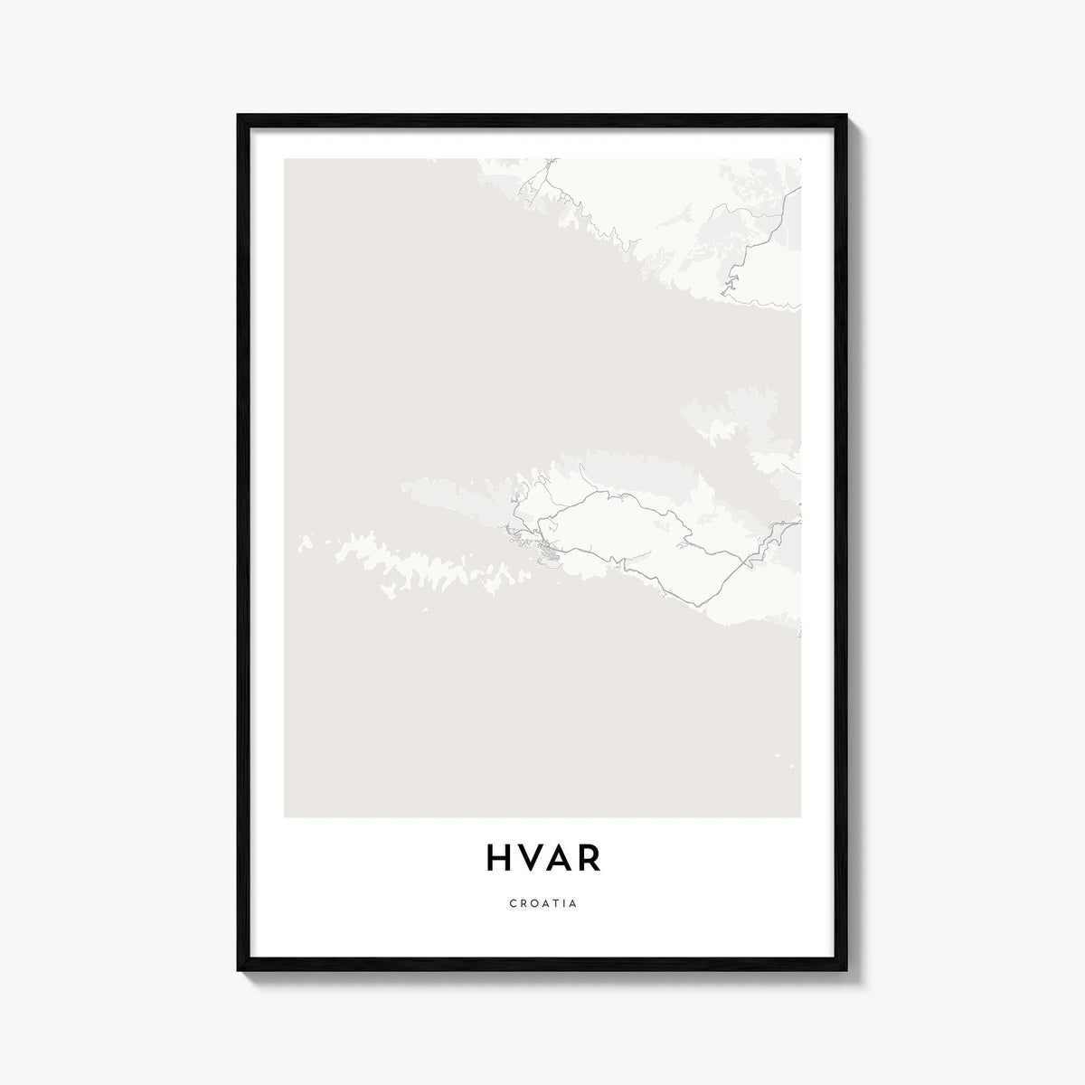 Hvar black & white map poster of Croatia – vertical wall art, unframed print shown in interior mockup