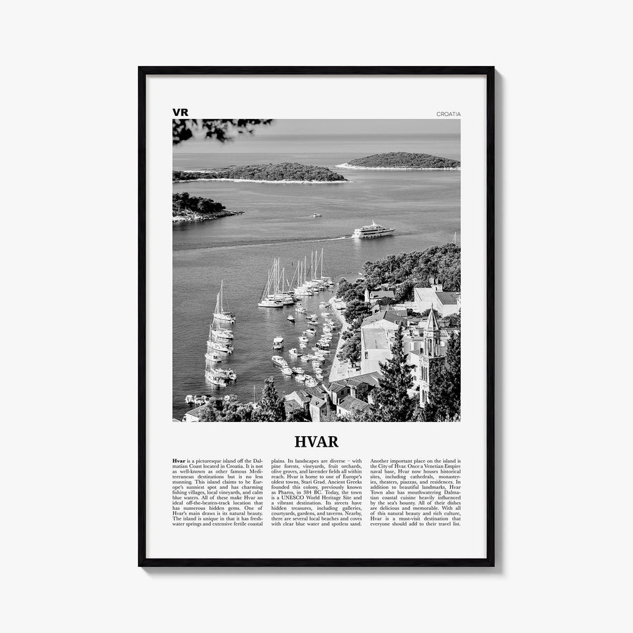 Hvar black & white newspaper poster of Croatia – vertical wall art, unframed print shown in interior mockup