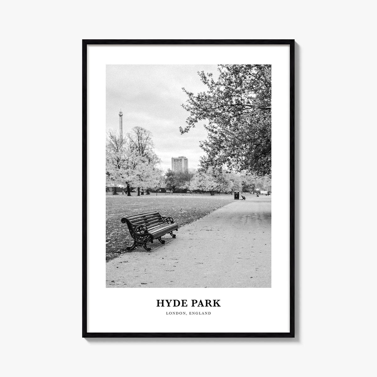 Hyde Park black & white classic poster of London, England – vertical wall art, unframed print shown in interior mockup