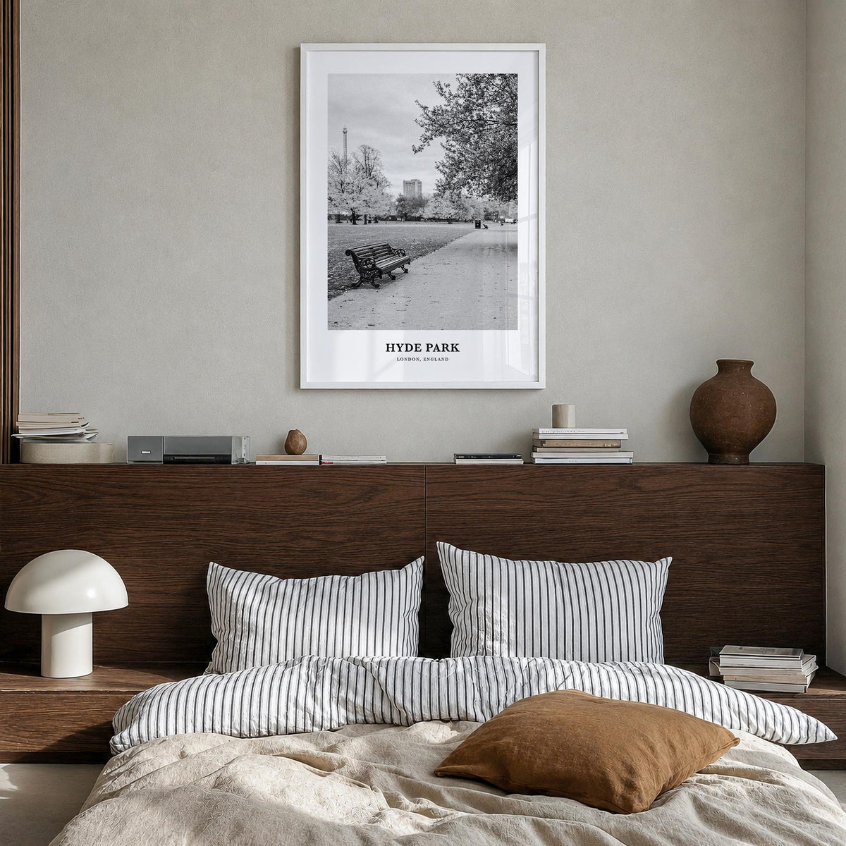 Hyde Park black & white classic poster of London, England – vertical wall art in white wood frame, hanging on wall