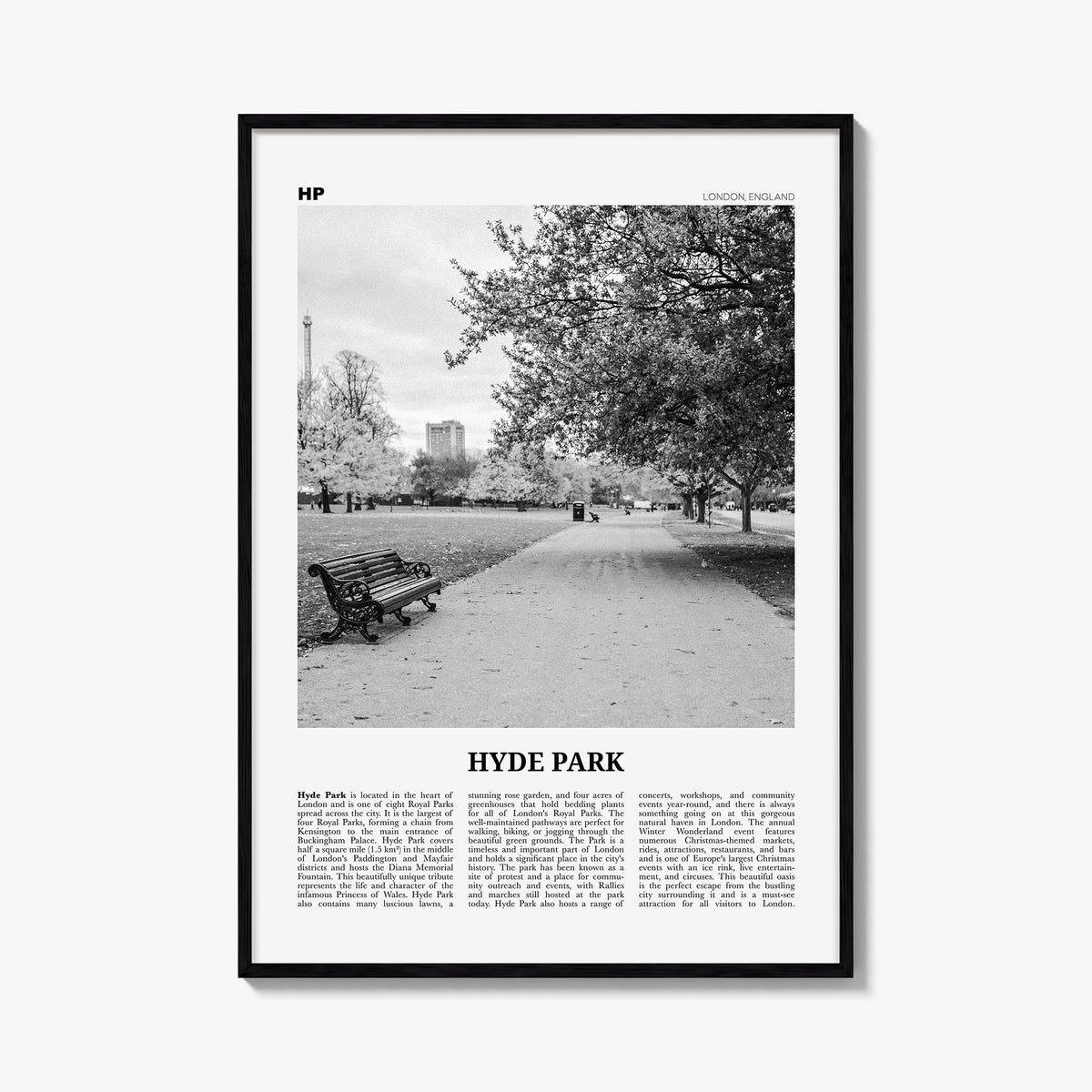 Hyde Park black & white newspaper poster of London, England – vertical wall art, unframed print shown in interior mockup