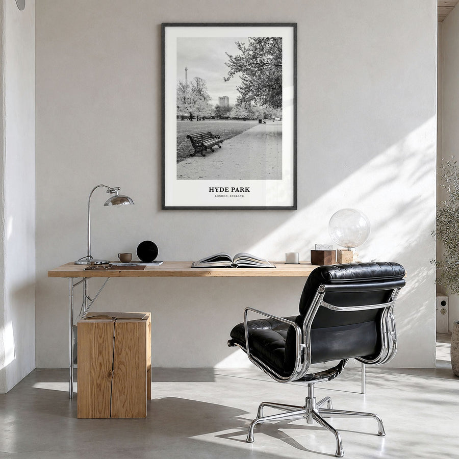 Hyde Park Classic Poster in a black wood frame, hanging in a bright home office
