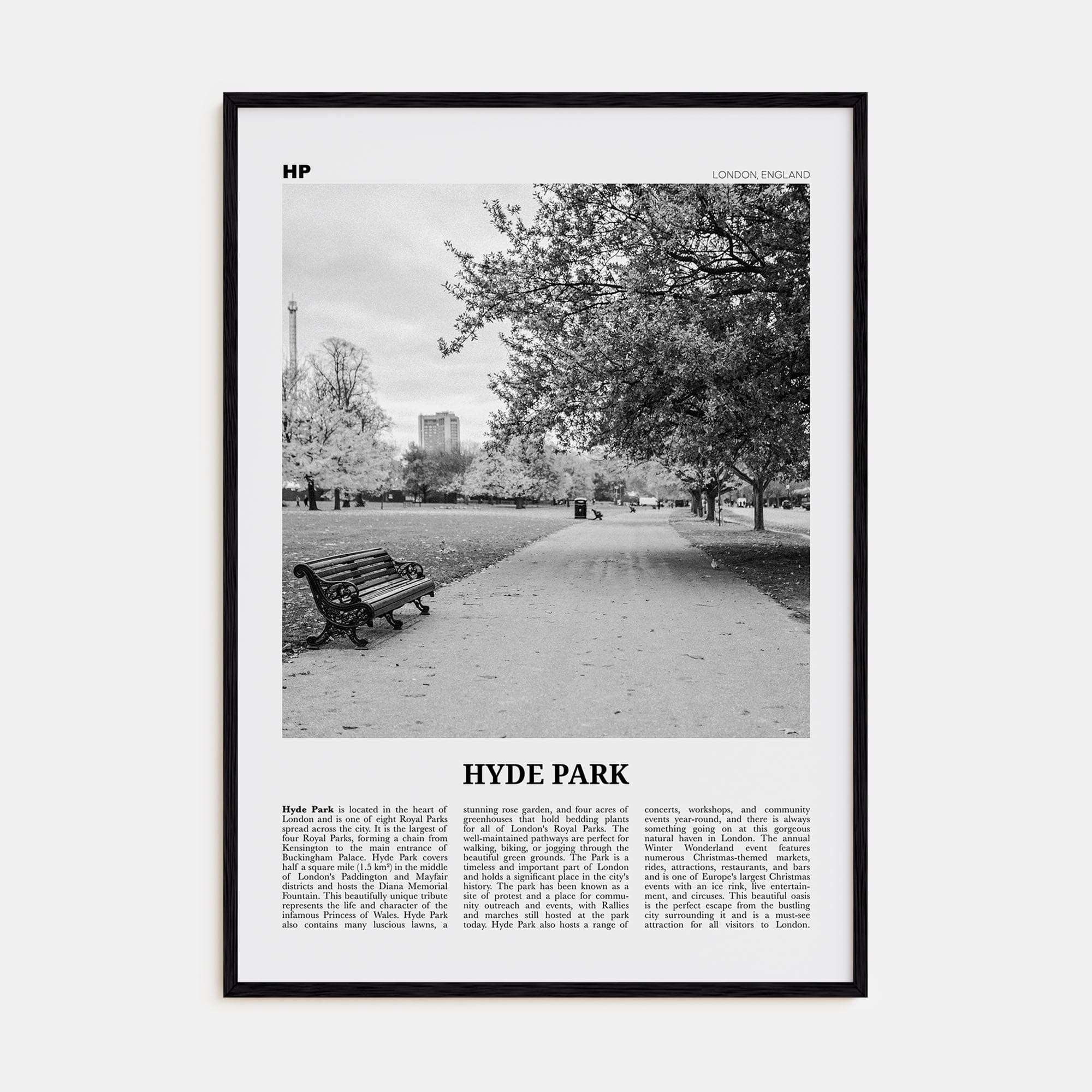 Hyde Park Poster Black Wood / 8x12 in Nbourhood Travel B&W Poster