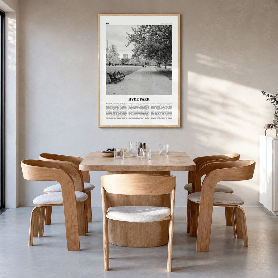 Hyde Park Newspaper Poster in a natural wood frame, hanging in a dining room