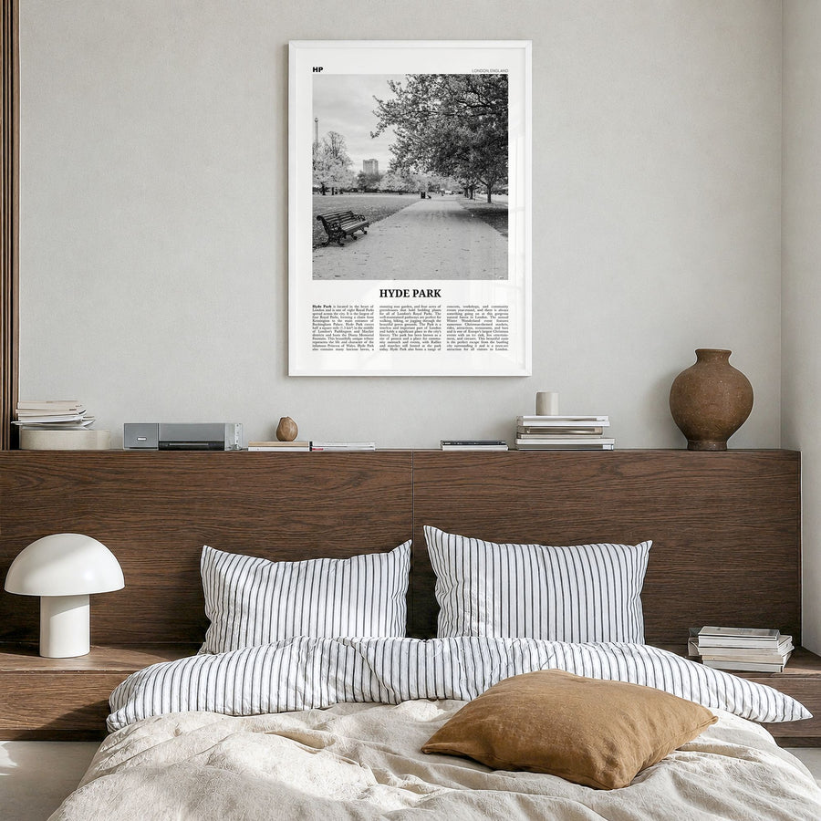 Hyde Park Newspaper Poster in a white wood frame, hanging in a bedroom