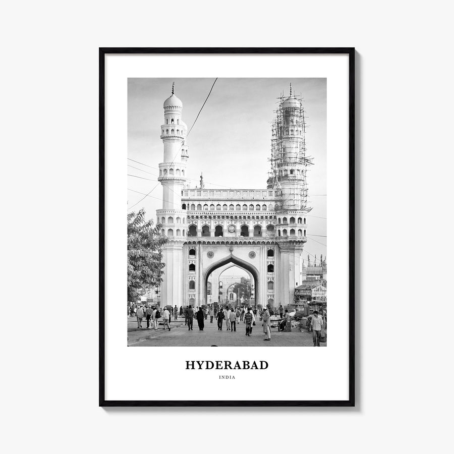 Hyderabad black & white classic poster of India – vertical wall art, unframed print shown in interior mockup