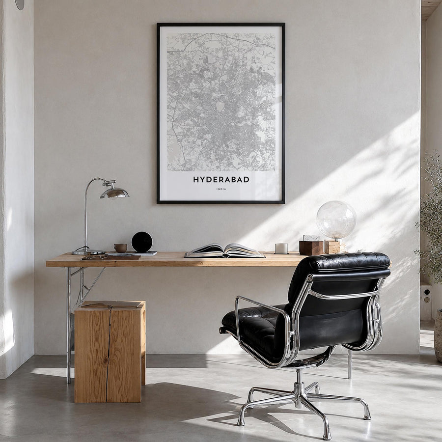 Hyderabad black & white map poster of India – vertical wall art in black wood frame, hanging on wall