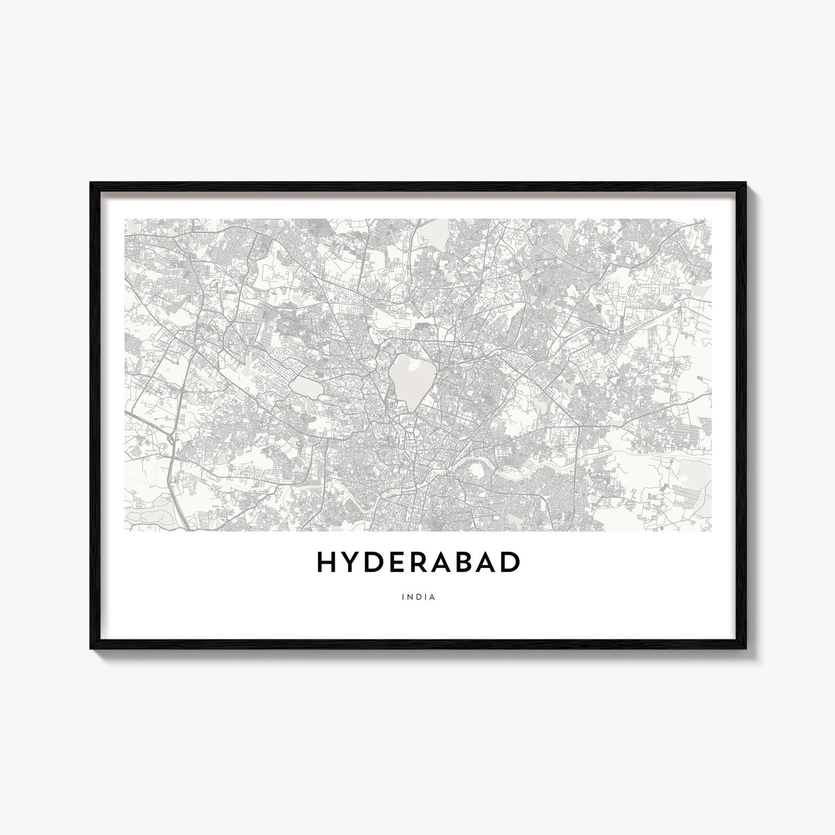 Hyderabad black & white map poster of India – horizontal wall art, unframed print shown in interior mockup