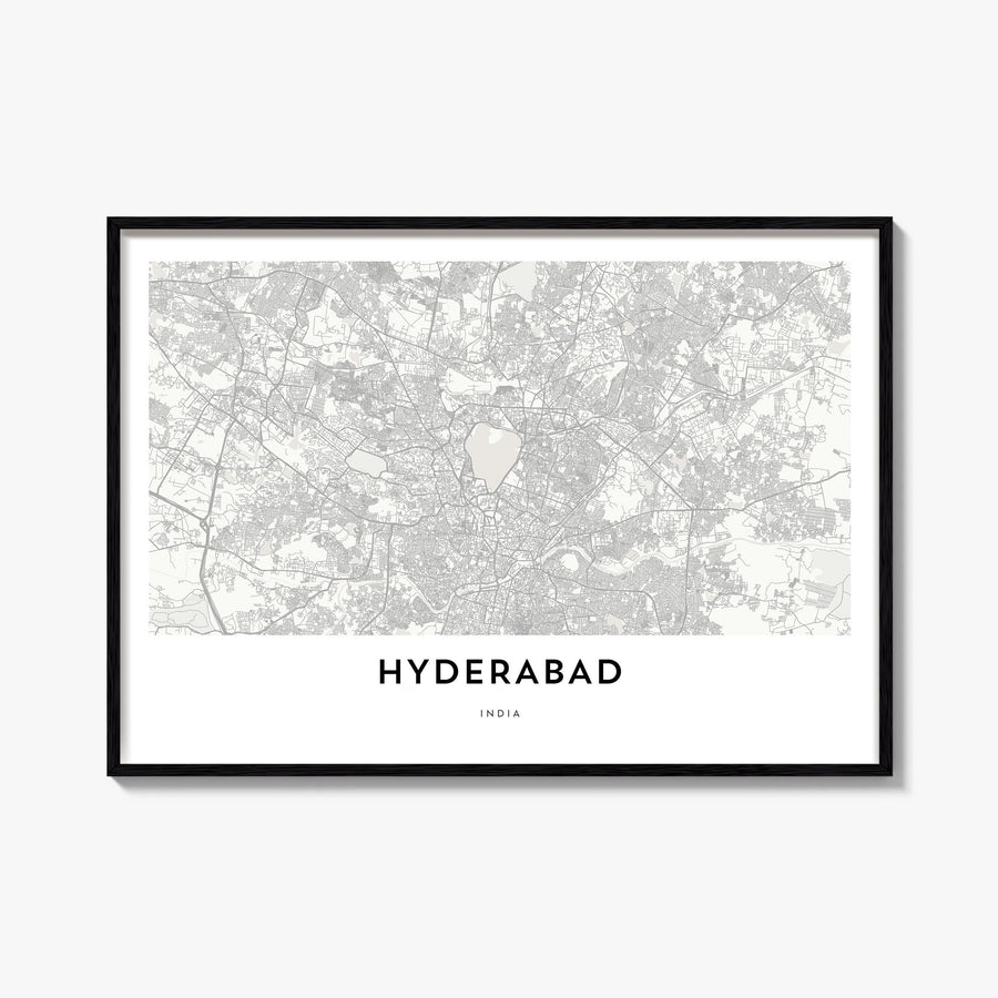Hyderabad black & white map poster of India – horizontal wall art, unframed print shown in interior mockup