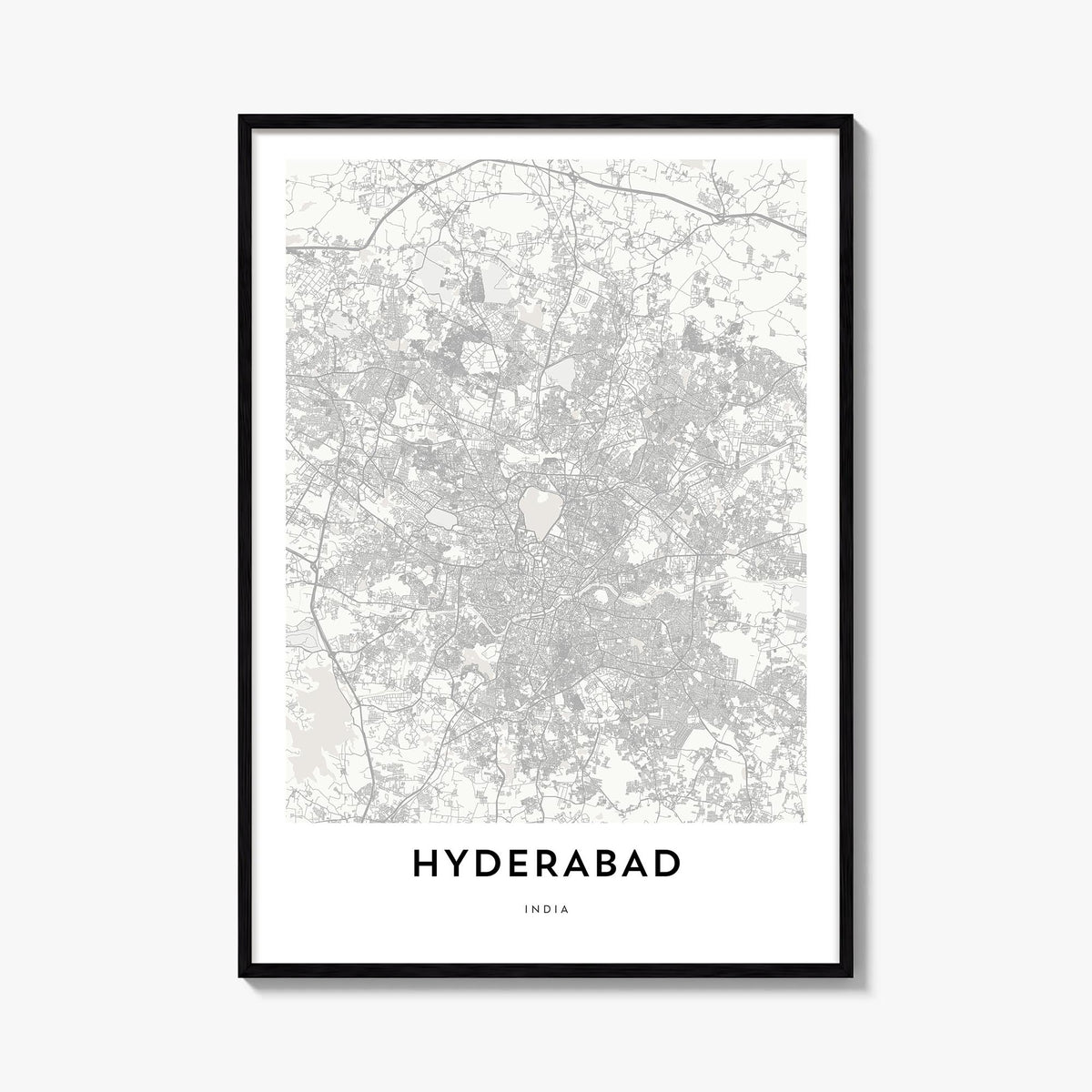 Hyderabad black & white map poster of India – vertical wall art, unframed print shown in interior mockup