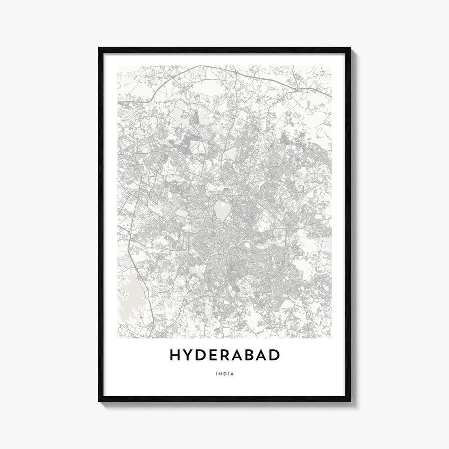 Hyderabad black & white map poster of India – vertical wall art, unframed print shown in interior mockup