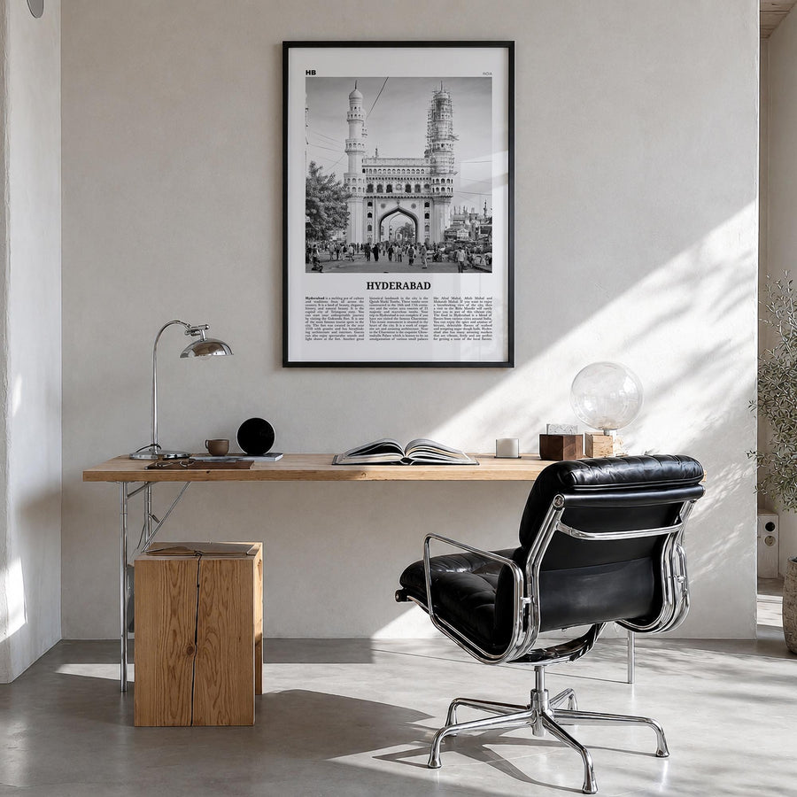 Hyderabad black & white newspaper poster of India – vertical wall art in black wood frame, hanging on wall
