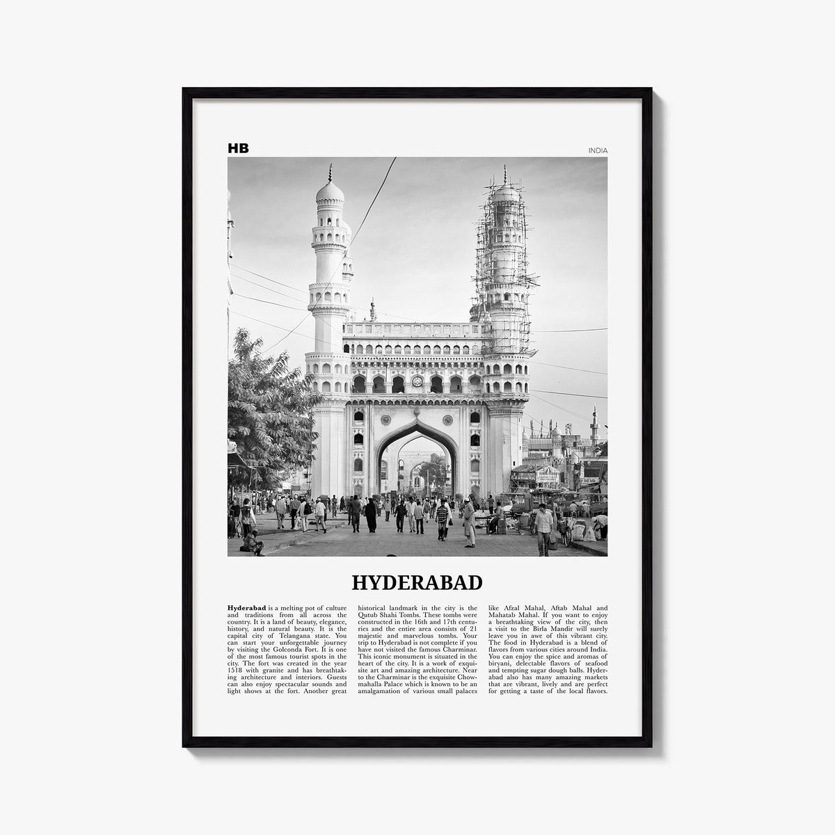Hyderabad black & white newspaper poster of India – vertical wall art, unframed print shown in interior mockup