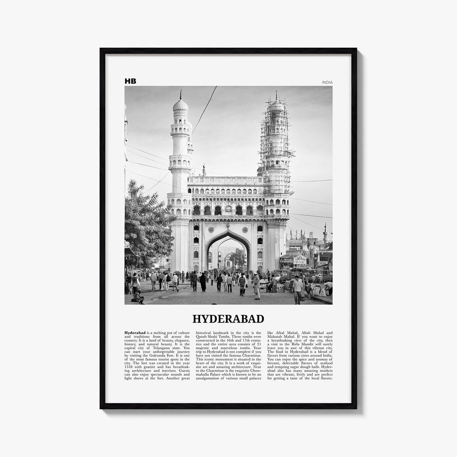 Hyderabad black & white newspaper poster of India – vertical wall art, unframed print shown in interior mockup