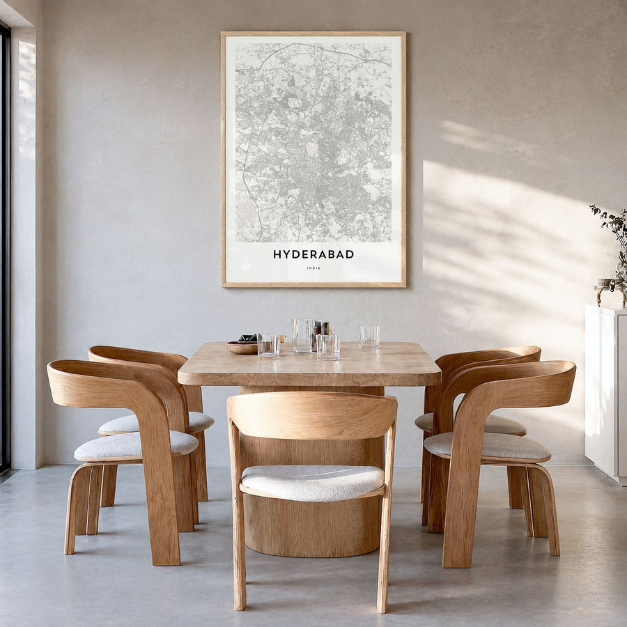 Hyderabad Map Poster in a natural wood frame, hanging in a dining room