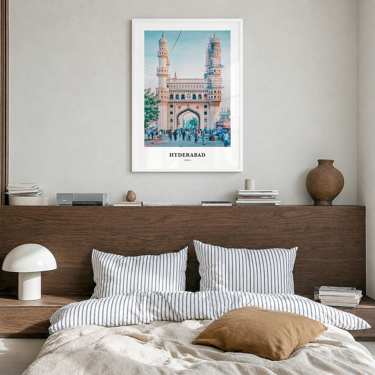 Hyderabad Classic Poster in a white wood frame, hanging in a bedroom