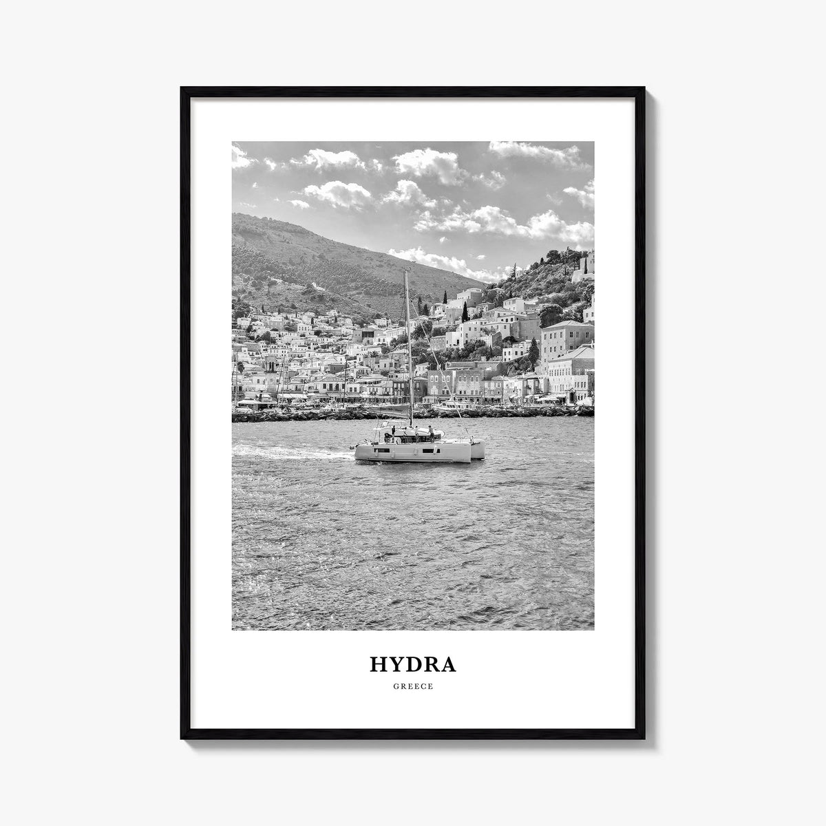 Hydra black & white classic poster of Greece – vertical wall art, unframed print shown in interior mockup