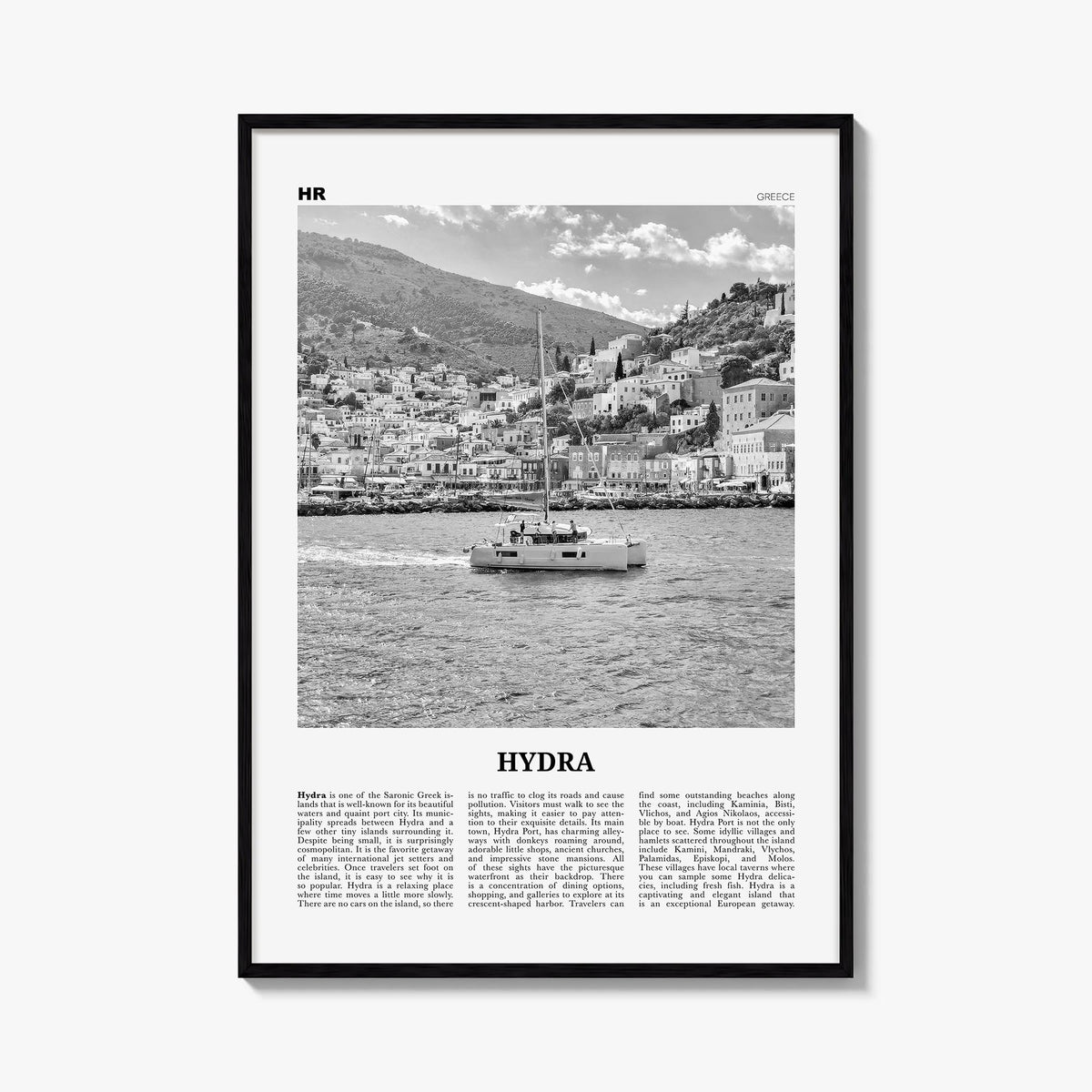 Hydra black & white newspaper poster of Greece – vertical wall art, unframed print shown in interior mockup