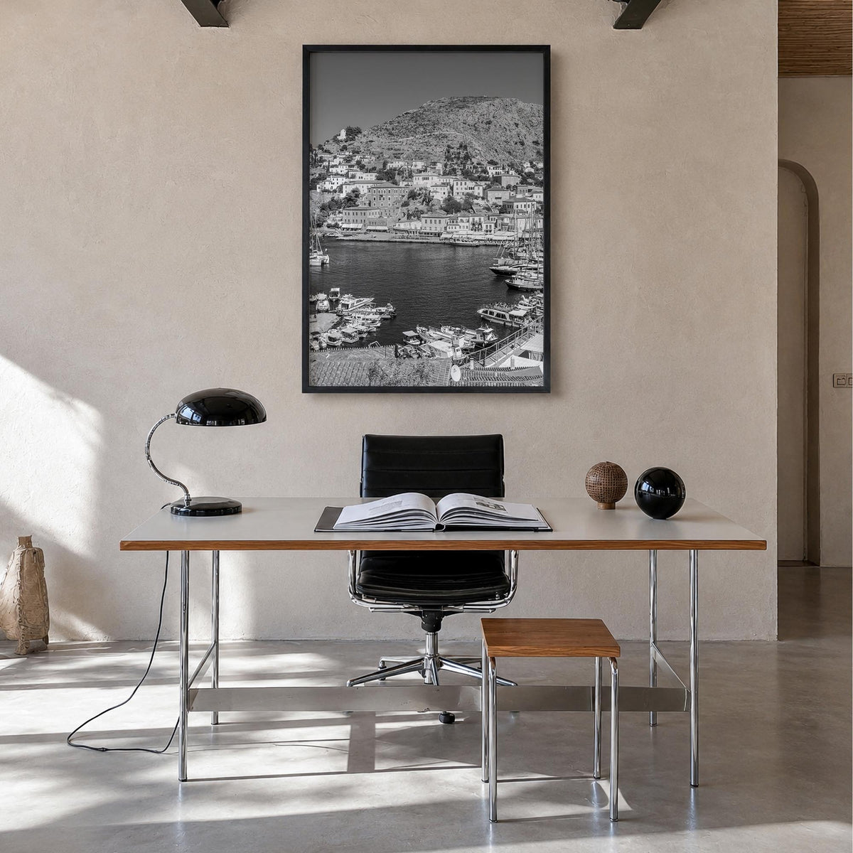 Hydra black & white photo poster of Greece – vertical wall art in black wood frame, hanging on wall