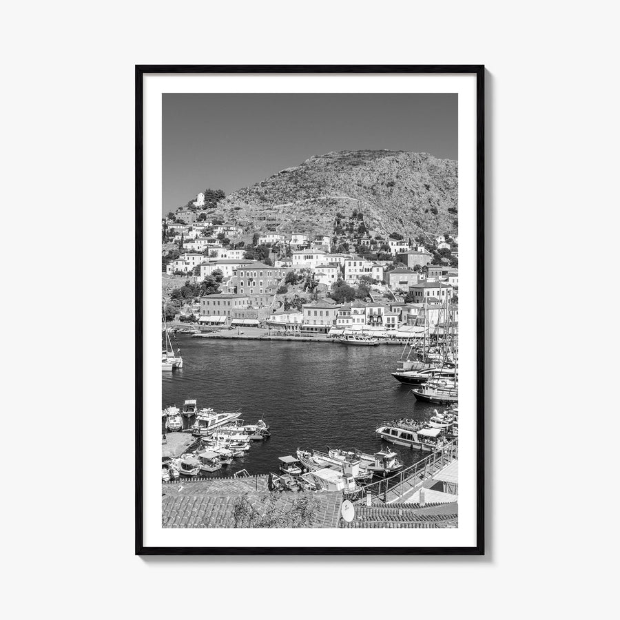 Hydra black & white photo poster of Greece – vertical wall art, unframed print shown in interior mockup