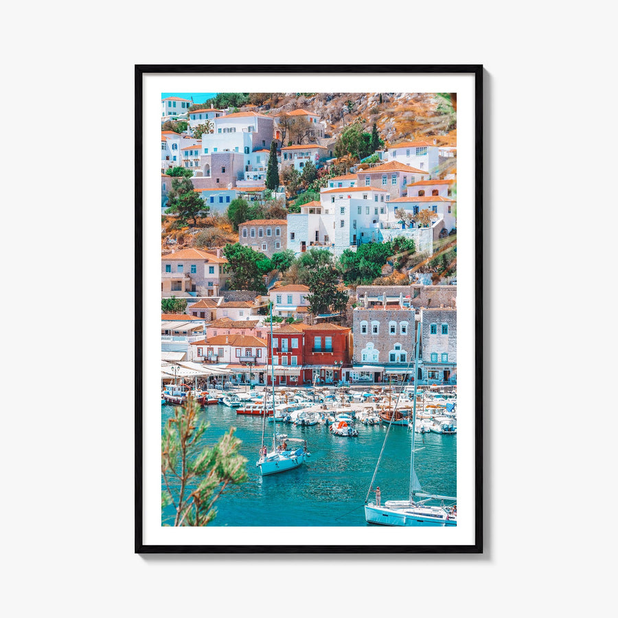 Hydra colorful photo poster of Greece – vertical wall art, unframed print shown in interior mockup