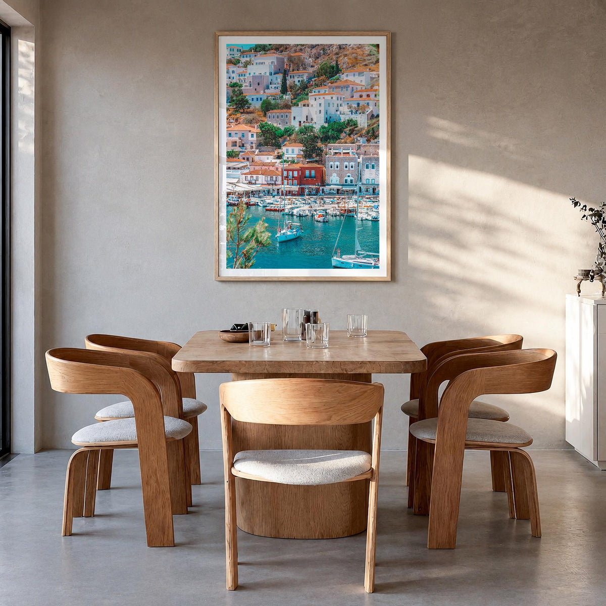 Hydra colorful photo poster of Greece – vertical wall art in natural wood frame with white border, hanging on wall