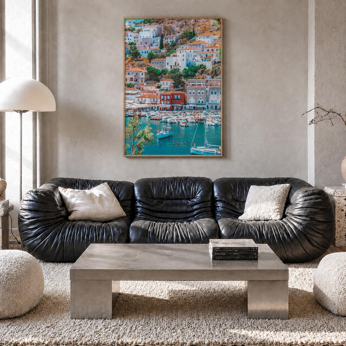 Hydra colorful photo poster of Greece – vertical wall art in natural wood frame, hanging on wall