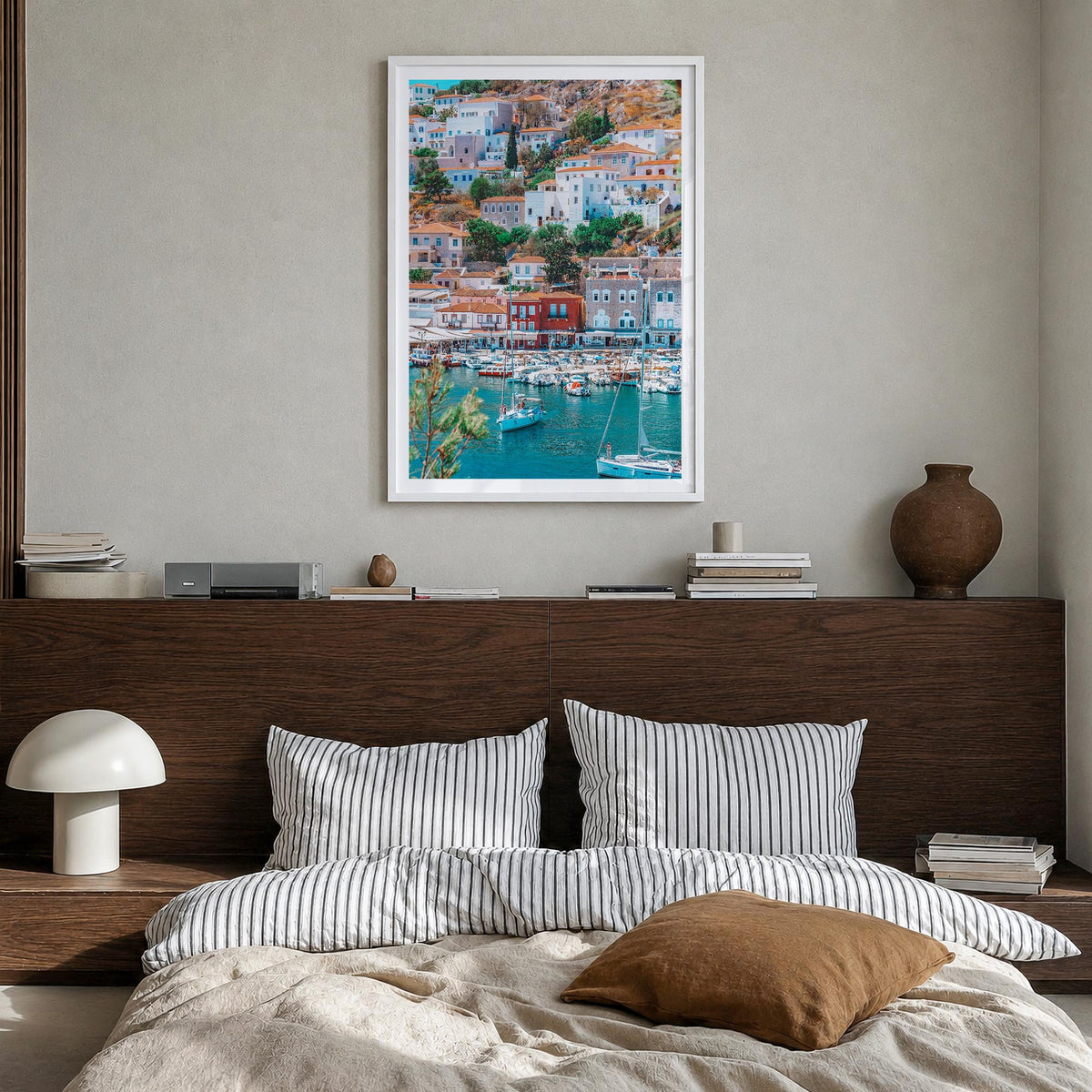 Hydra colorful photo poster of Greece – vertical wall art in white wood frame with white border, hanging on wall