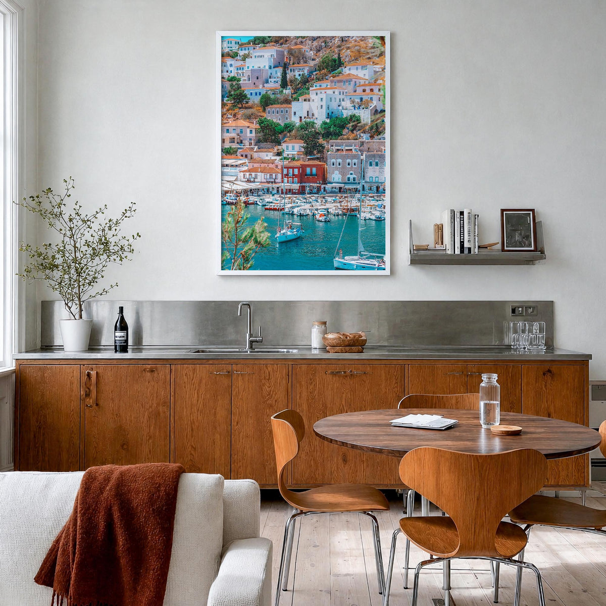 Hydra colorful photo poster of Greece – vertical wall art in white wood frame, hanging on wall