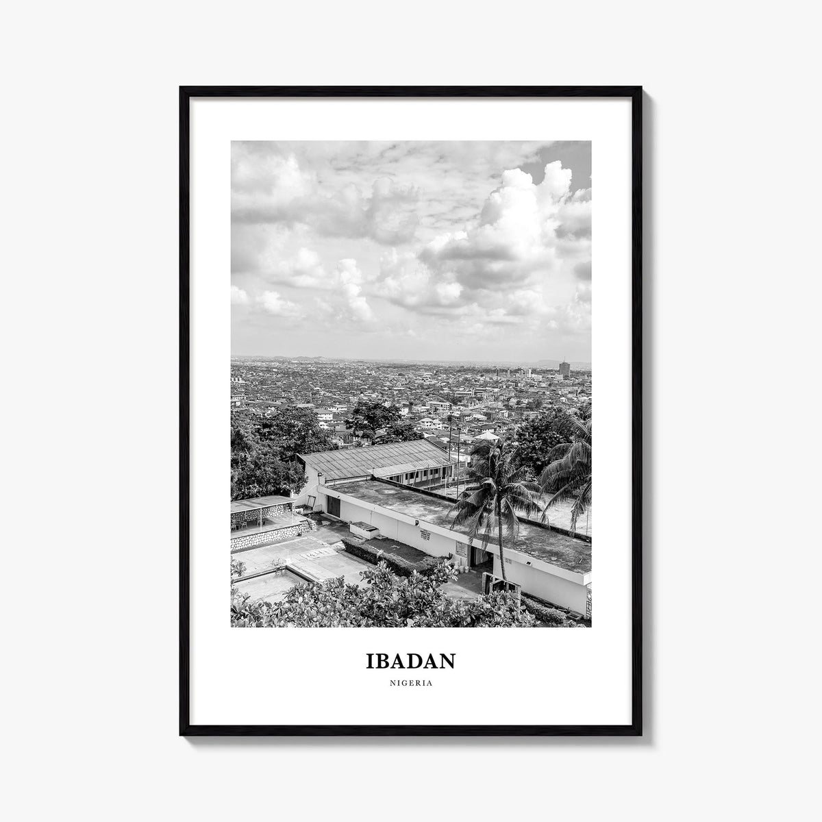 Ibadan black & white classic poster of Nigeria – vertical wall art, unframed print shown in interior mockup