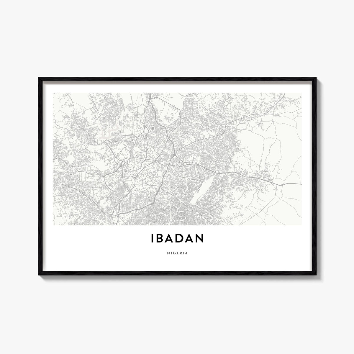 Ibadan black & white map poster of Nigeria – horizontal wall art, unframed print shown in interior mockup