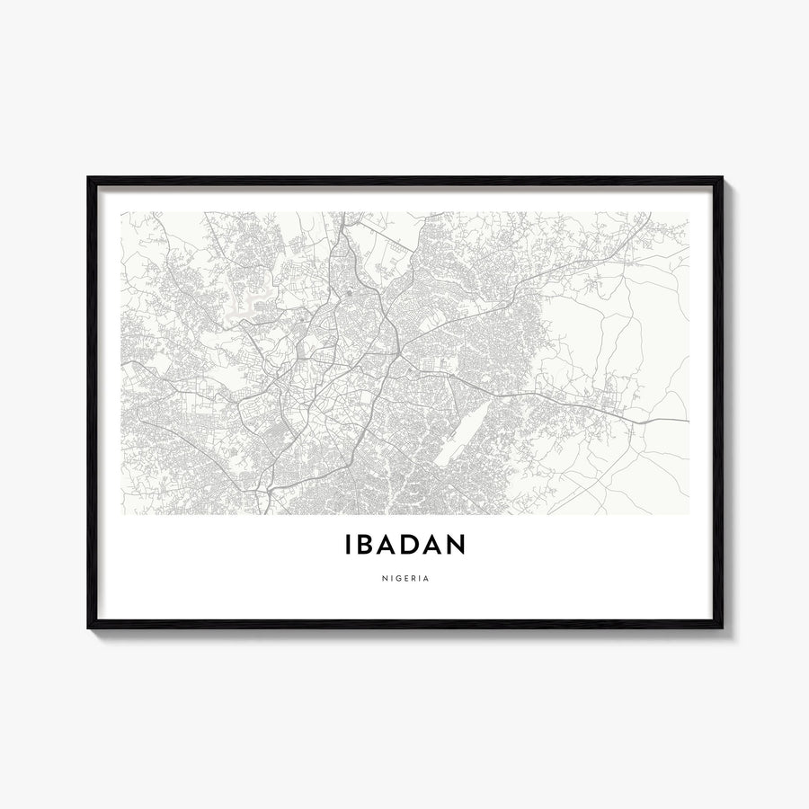 Ibadan black & white map poster of Nigeria – horizontal wall art, unframed print shown in interior mockup