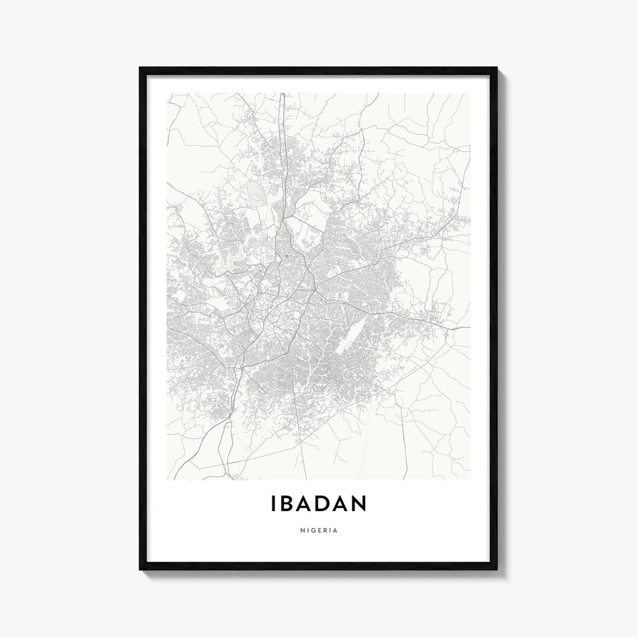 Ibadan black & white map poster of Nigeria – vertical wall art, unframed print shown in interior mockup