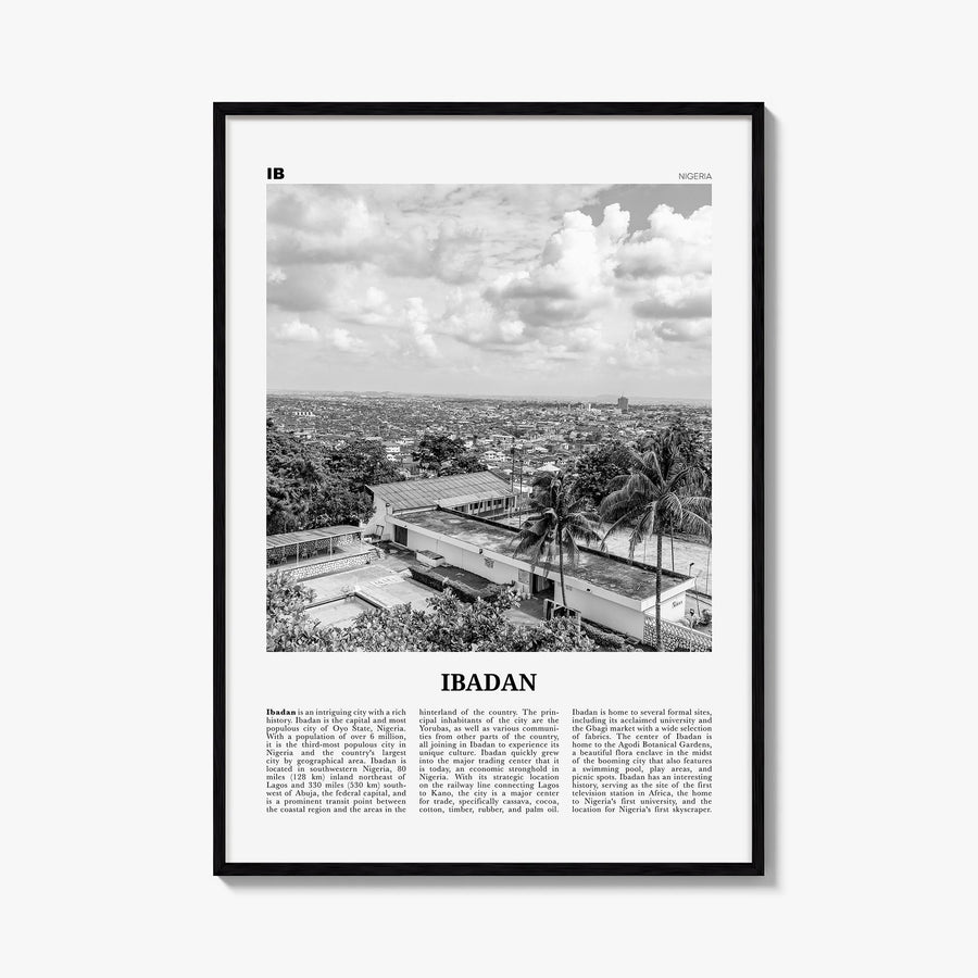 Ibadan black & white newspaper poster of Nigeria – vertical wall art, unframed print shown in interior mockup