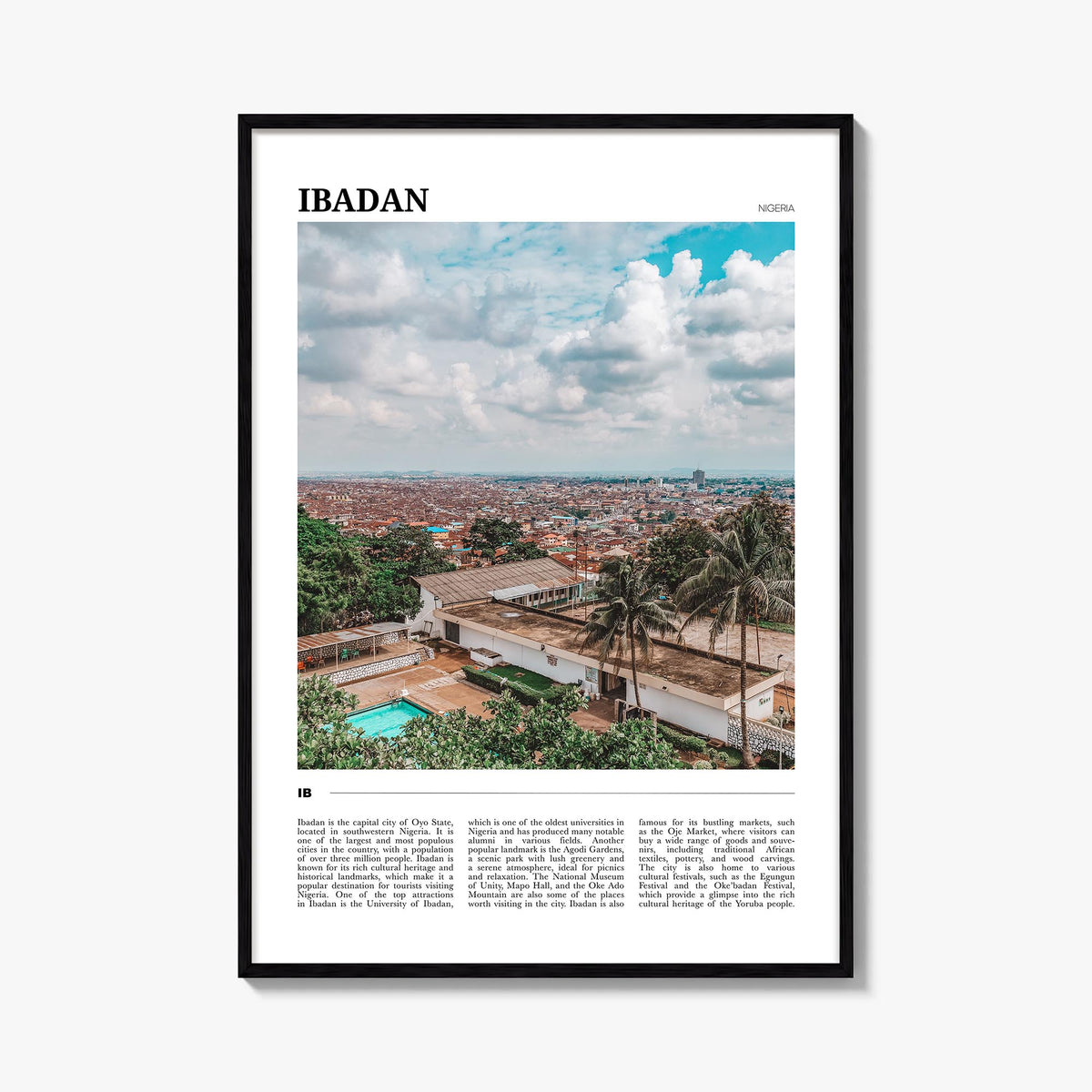 Ibadan colorful travel poster of Nigeria – vertical wall art, unframed print shown in interior mockup