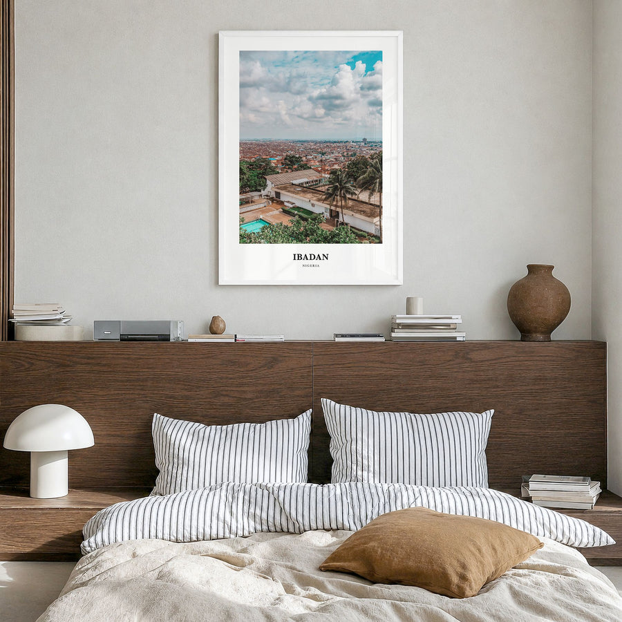 Ibadan Classic Poster in a white wood frame, hanging in a bedroom