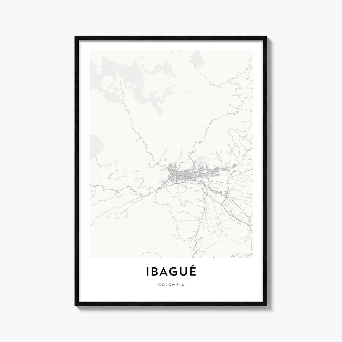 Ibagué black & white map poster of Colombia – vertical wall art, unframed print shown in interior mockup