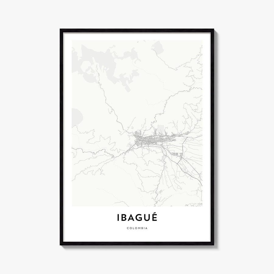 Ibagué black & white map poster of Colombia – vertical wall art, unframed print shown in interior mockup