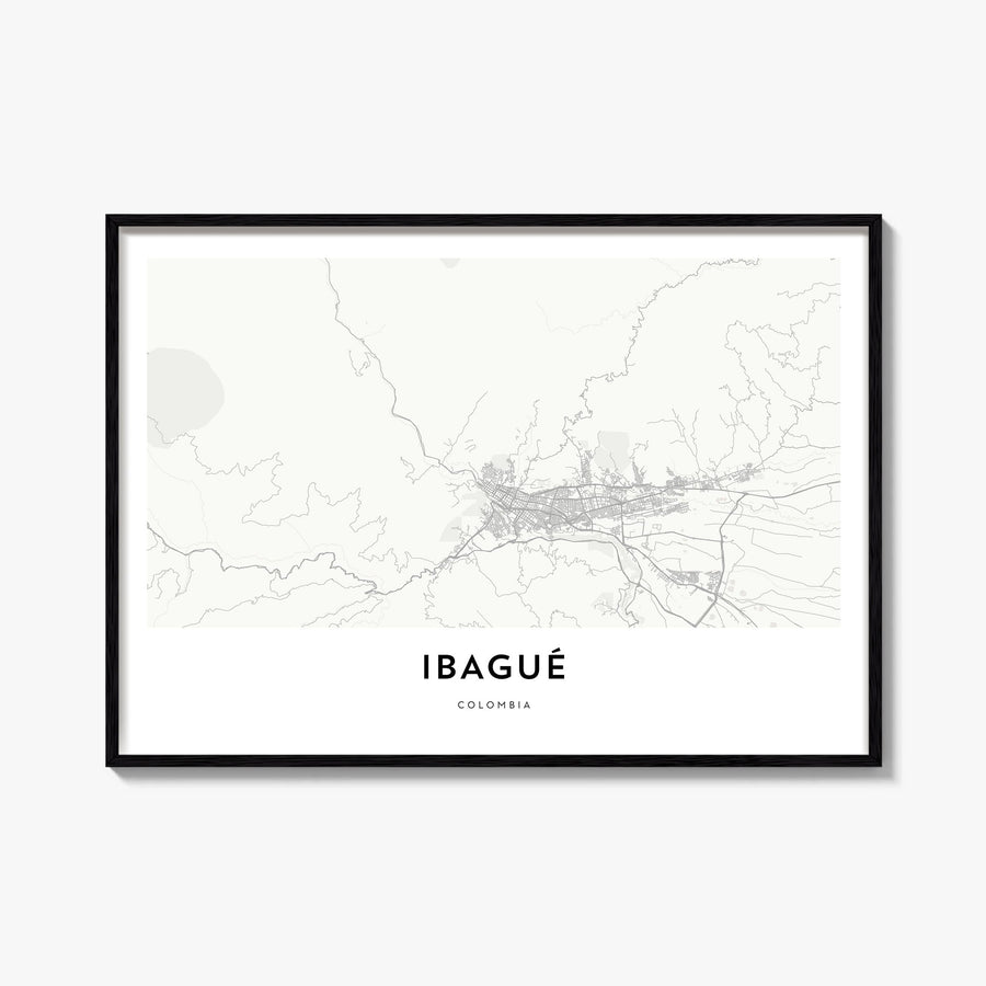Ibagué black & white map poster of Colombia – horizontal wall art, unframed print shown in interior mockup