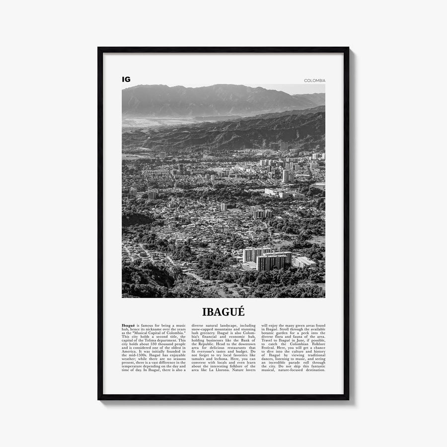 Ibagué black & white newspaper poster of Colombia – vertical wall art, unframed print shown in interior mockup