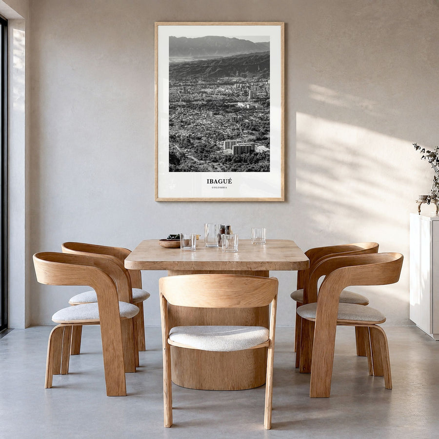 Ibagué Classic Poster in a natural wood frame, hanging in a dining room