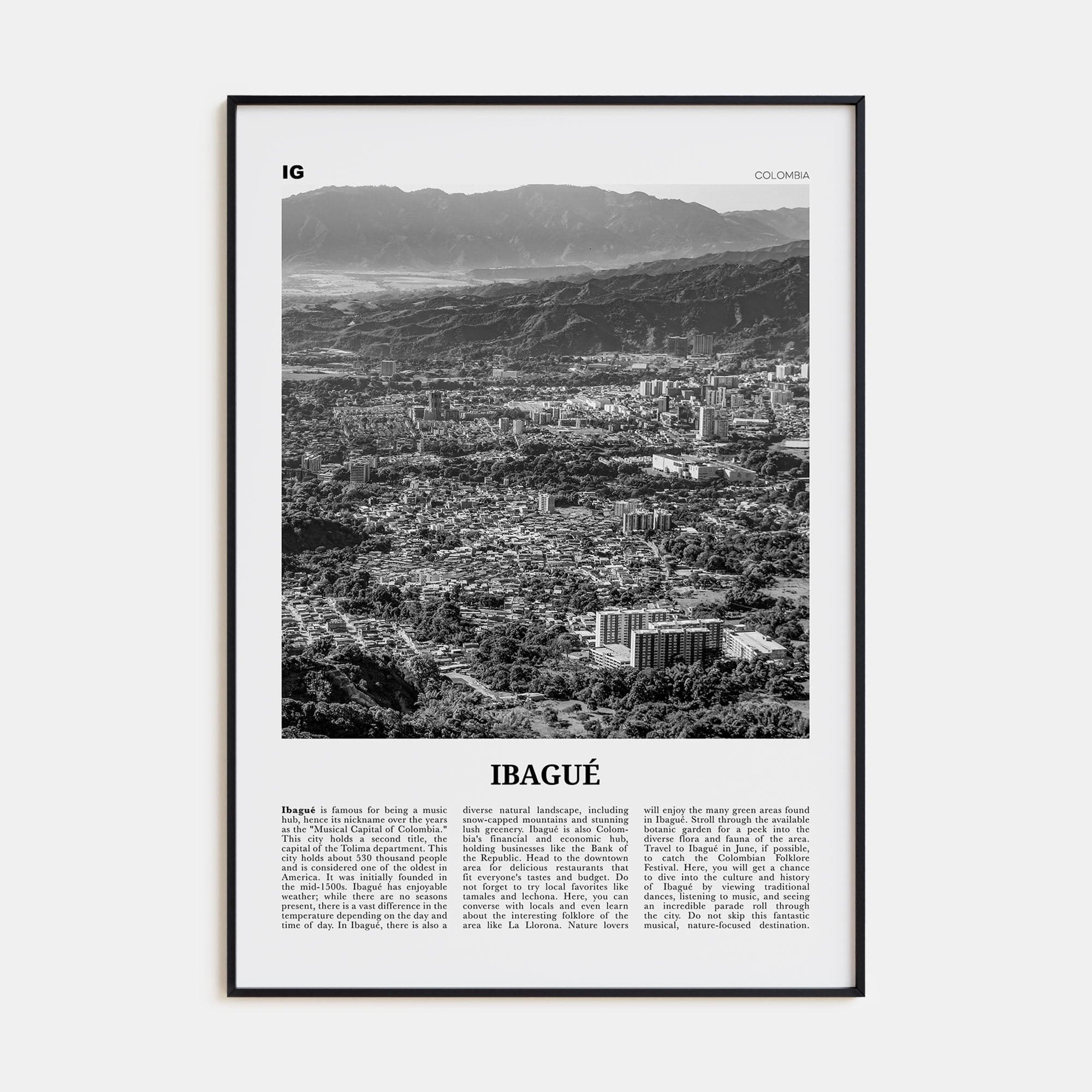 Ibagué Poster Black Metal / 8x12 in Nbourhood Travel B&W Poster