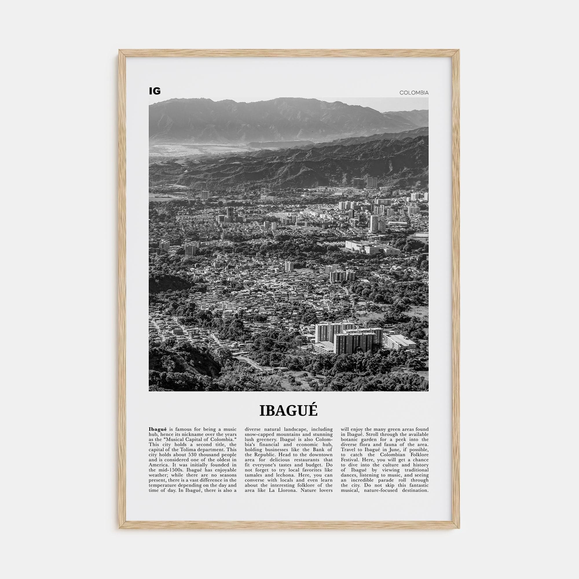 Ibagué Poster Natural Wood / 8x12 in Nbourhood Travel B&W Poster