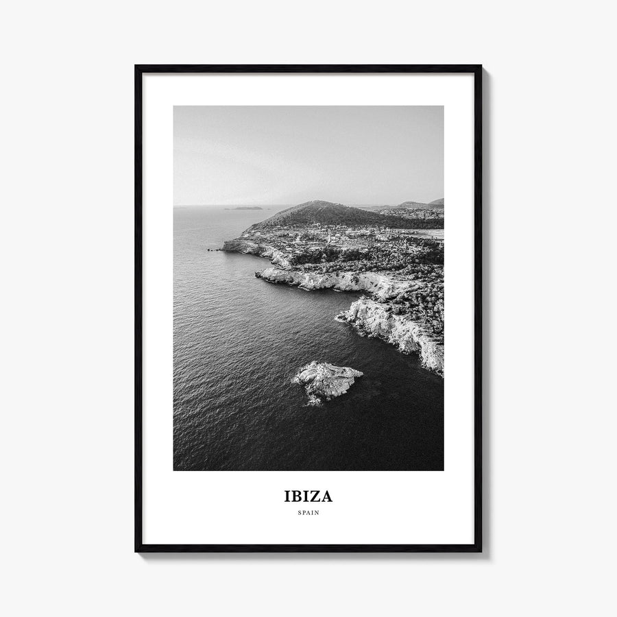 Ibiza black & white classic poster of Spain – vertical wall art, unframed print shown in interior mockup