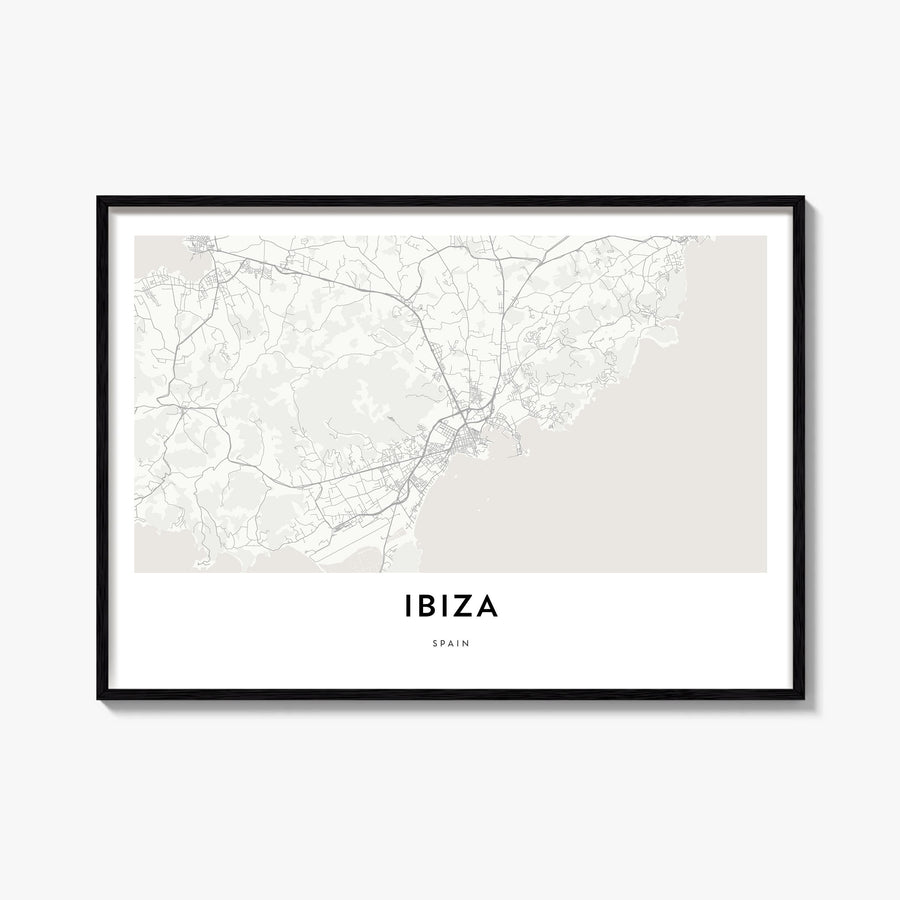 Ibiza black & white map poster of Spain – horizontal wall art, unframed print shown in interior mockup