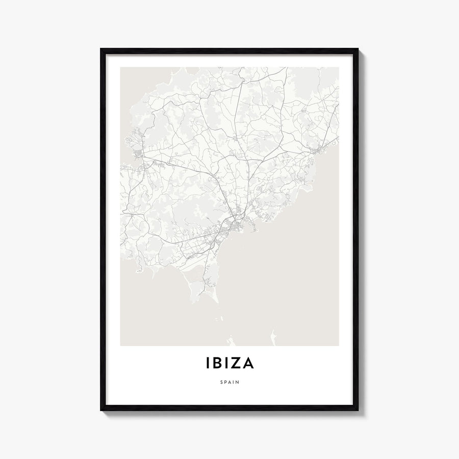 Ibiza black & white map poster of Spain – vertical wall art, unframed print shown in interior mockup