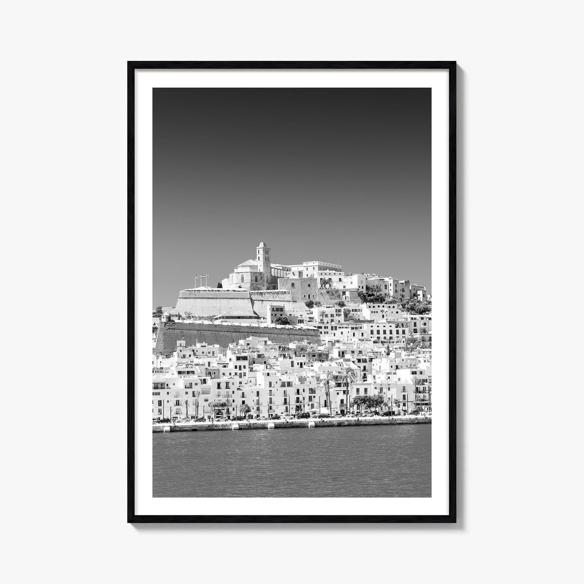 Ibiza black & white photo poster of Spain – vertical wall art, unframed print shown in interior mockup