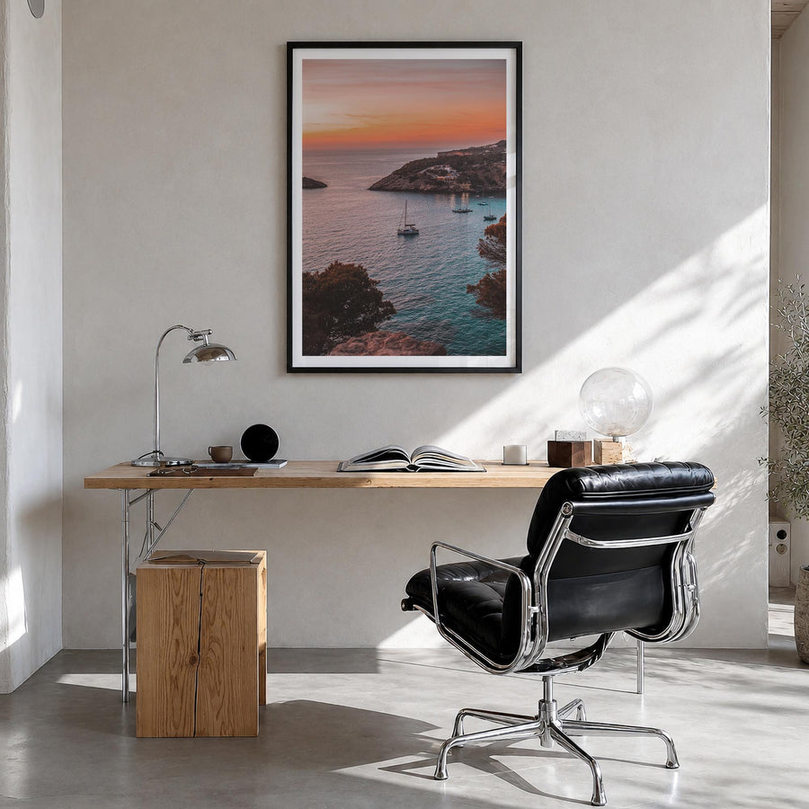 Ibiza colorful photo poster of Spain – vertical wall art in black wood frame with white border, hanging on wall