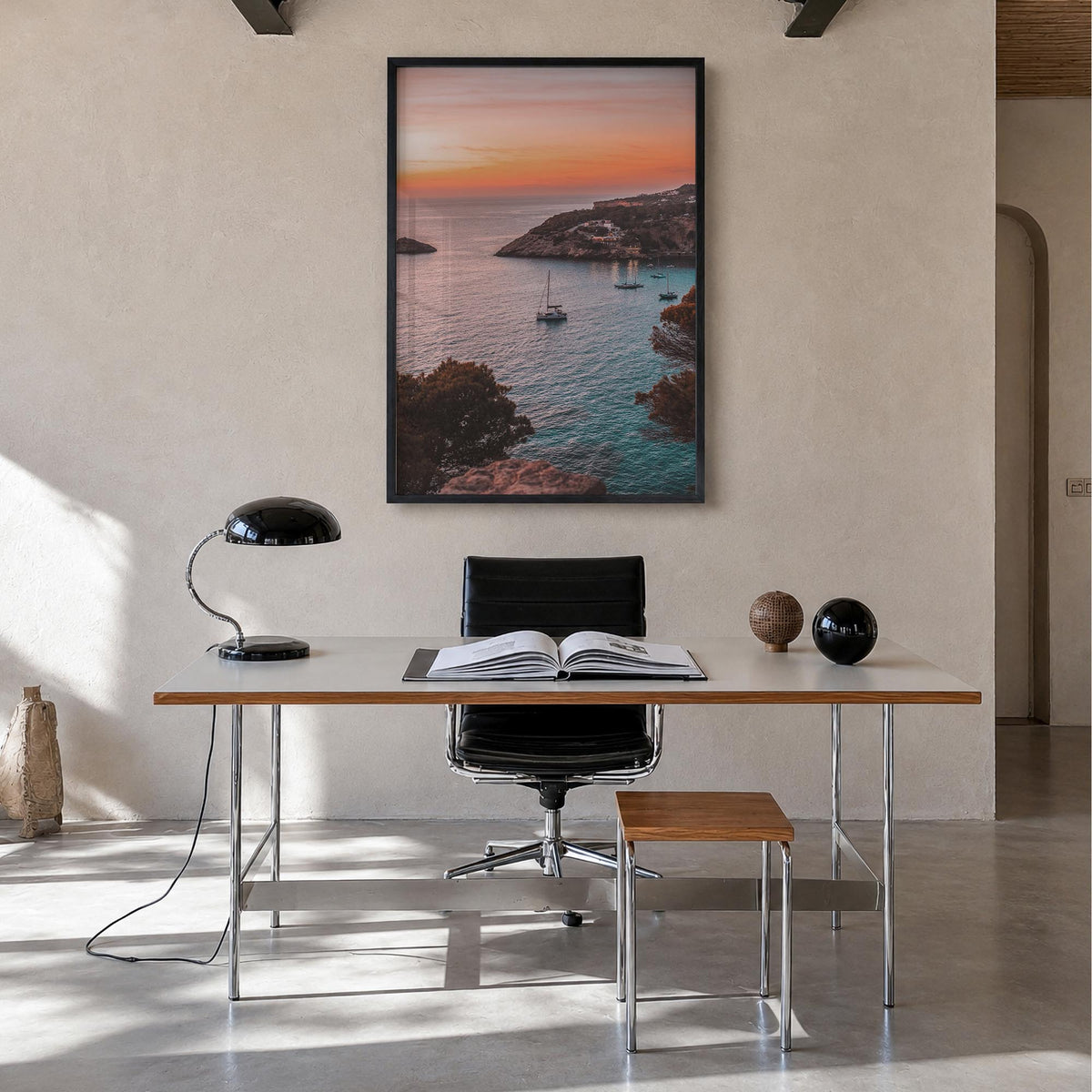 Ibiza colorful photo poster of Spain – vertical wall art in black wood frame, hanging on wall