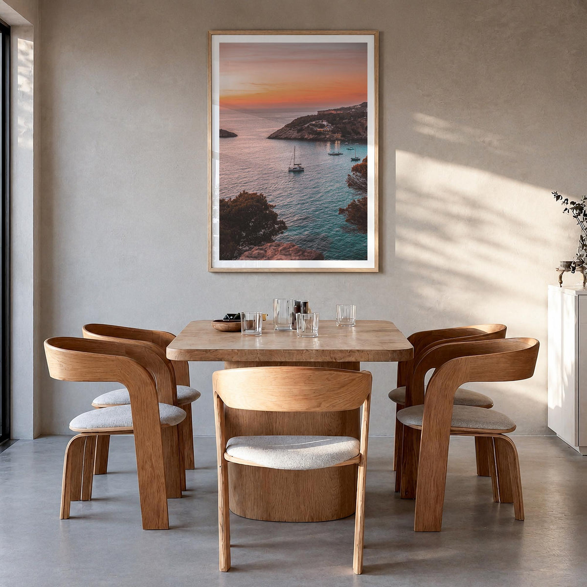 Ibiza colorful photo poster of Spain – vertical wall art in natural wood frame with white border, hanging on wall